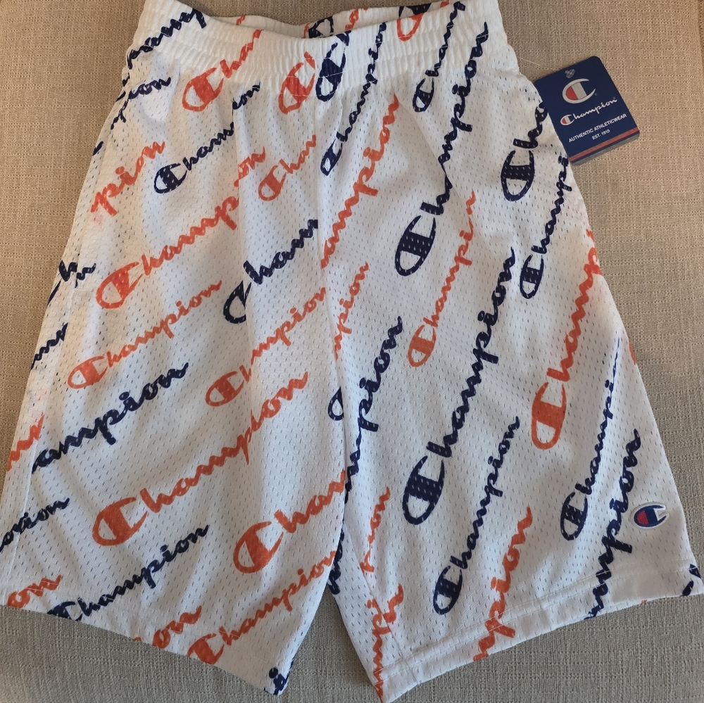 Boys Champion White Mesh Shorts with Multicolor Logo Size Medium
